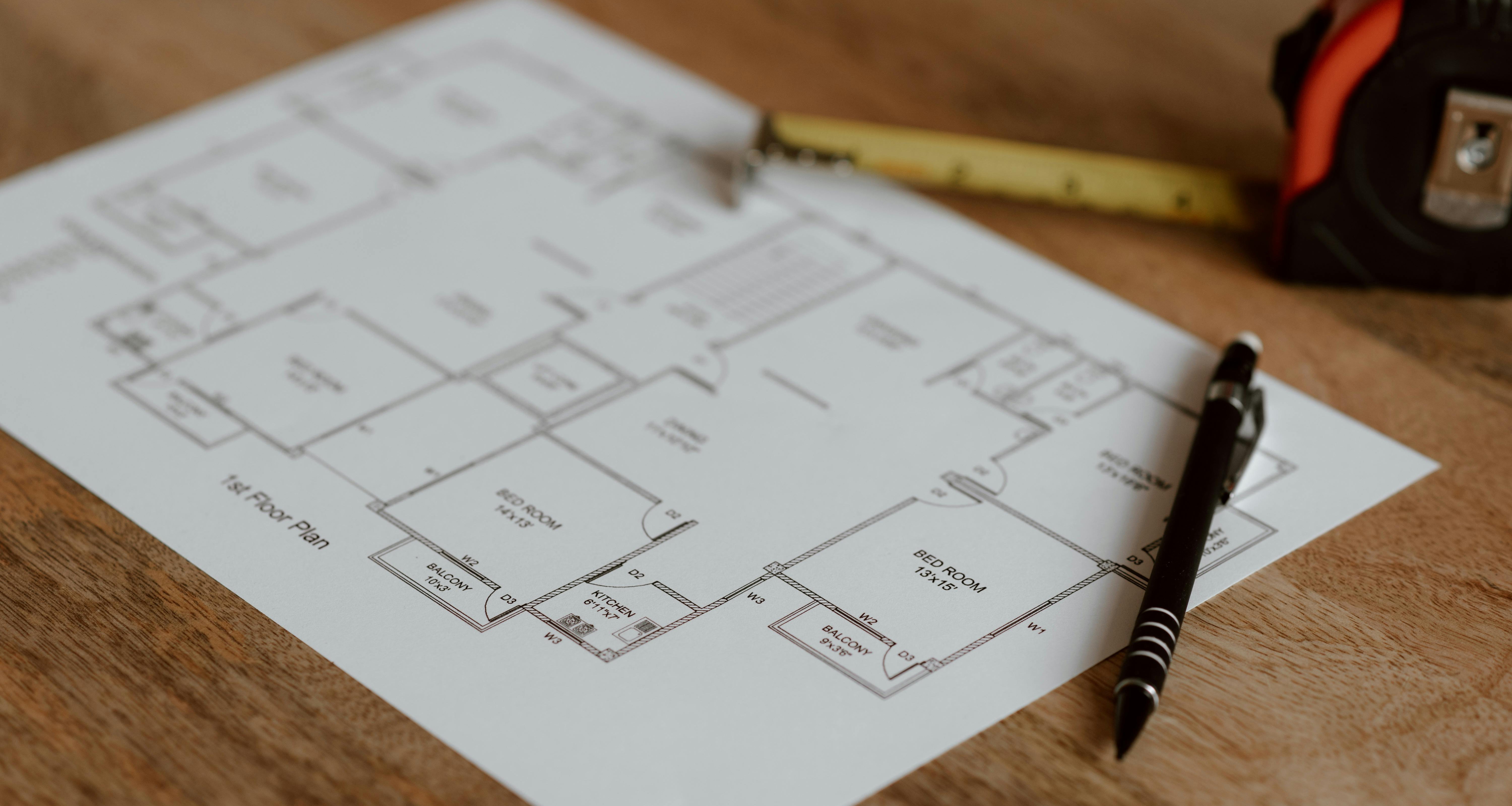 A floorplan drawing on a desk